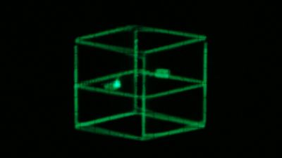 Film still from 'OscilloSoap' (2018) by Jon Beaton. Against a black background, glowing green lines trace the outline of a cube containing a 3D version of the classic arcade game Pong.